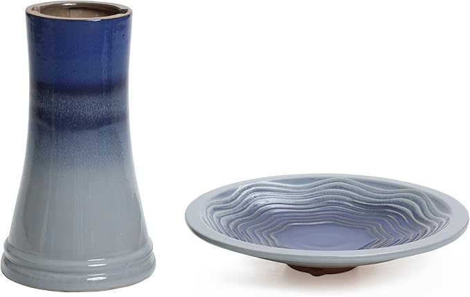 LuxenHome 18 Inch Ceramic Bird Bath for Outside, Elegant Tall Outdoor Bird Bath, Lightweight Pedestal Glazed Birdbaths for Outdoors with Swirl Pattern, Ombre Blue-VerdiqueGarden