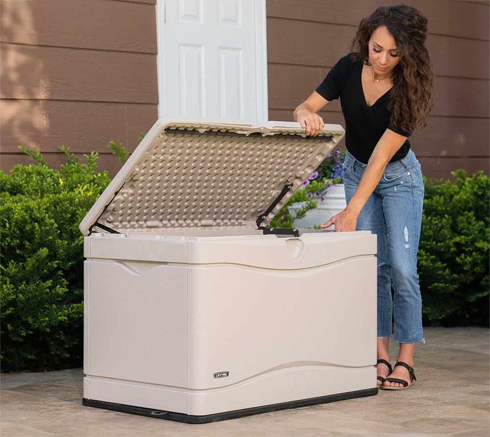 LIFETIME 60059 Black Bottom & Desert (Tan) Sides and Lid Outdoor Storage Box-80 Gal, 80 Gallon, Desert Sand-VerdiqueGarden