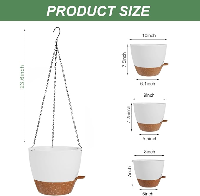 10/9/8 Inch Hanging Planter for Indoor Outdoor Plants, 3 Pack Self-Watering Hanging Pot with Drainage Holes Hanging Planter Baskets Plant Pots with Removable Tray (White+Brown)-VerdiqueGarden