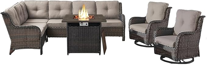 Outdoor Sectional Sofa Furniture Set with Propane Fire Pit Table, Wicker Patio Conversation Set with 2 Swivel Glider Rocker Chairs Grey Cushion Perfect for Backyard Casual Gathering-VerdiqueGarden