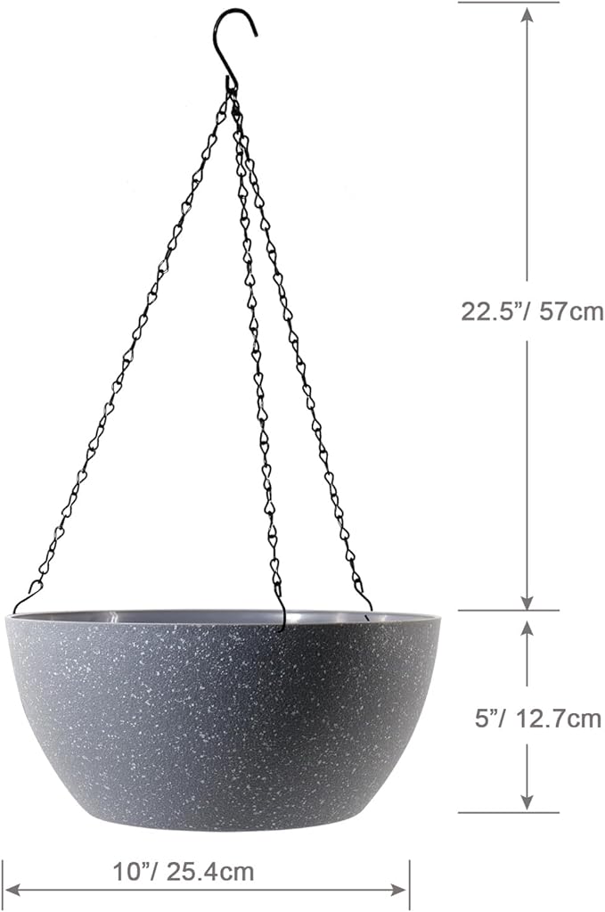 10 inch Hanging Planters for Outdoor Indoor Plants with Drainage Holes and Chain, 2 Pack Round Hanging Flower Plant Pots for Garden Home Porch Decor, Speckled Grey-VerdiqueGarden