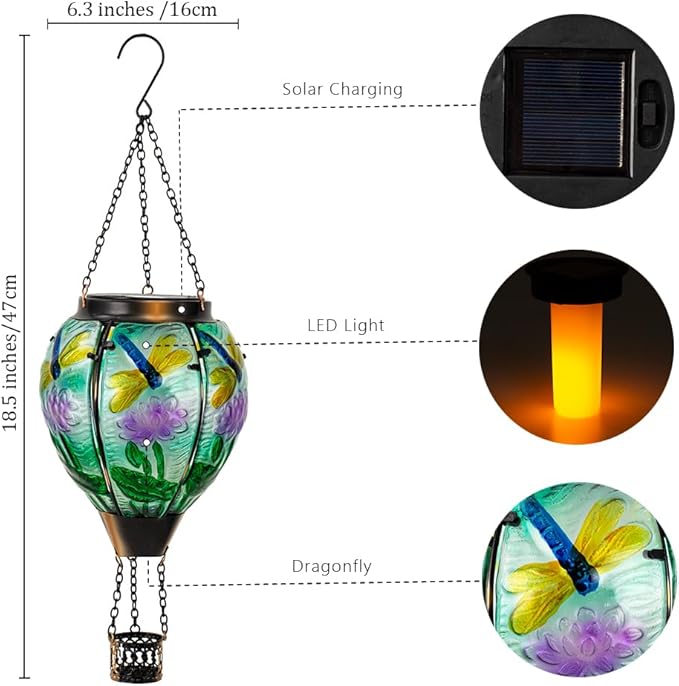 Starsoul Starsoul Dragonfly Hot Air Balloon Solar Lantern Glass Outdoor Hanging Hot Air Balloon Solar Flickering Flame Light Waterproof Garden Patio Yard Party Decorations-VerdiqueGarden