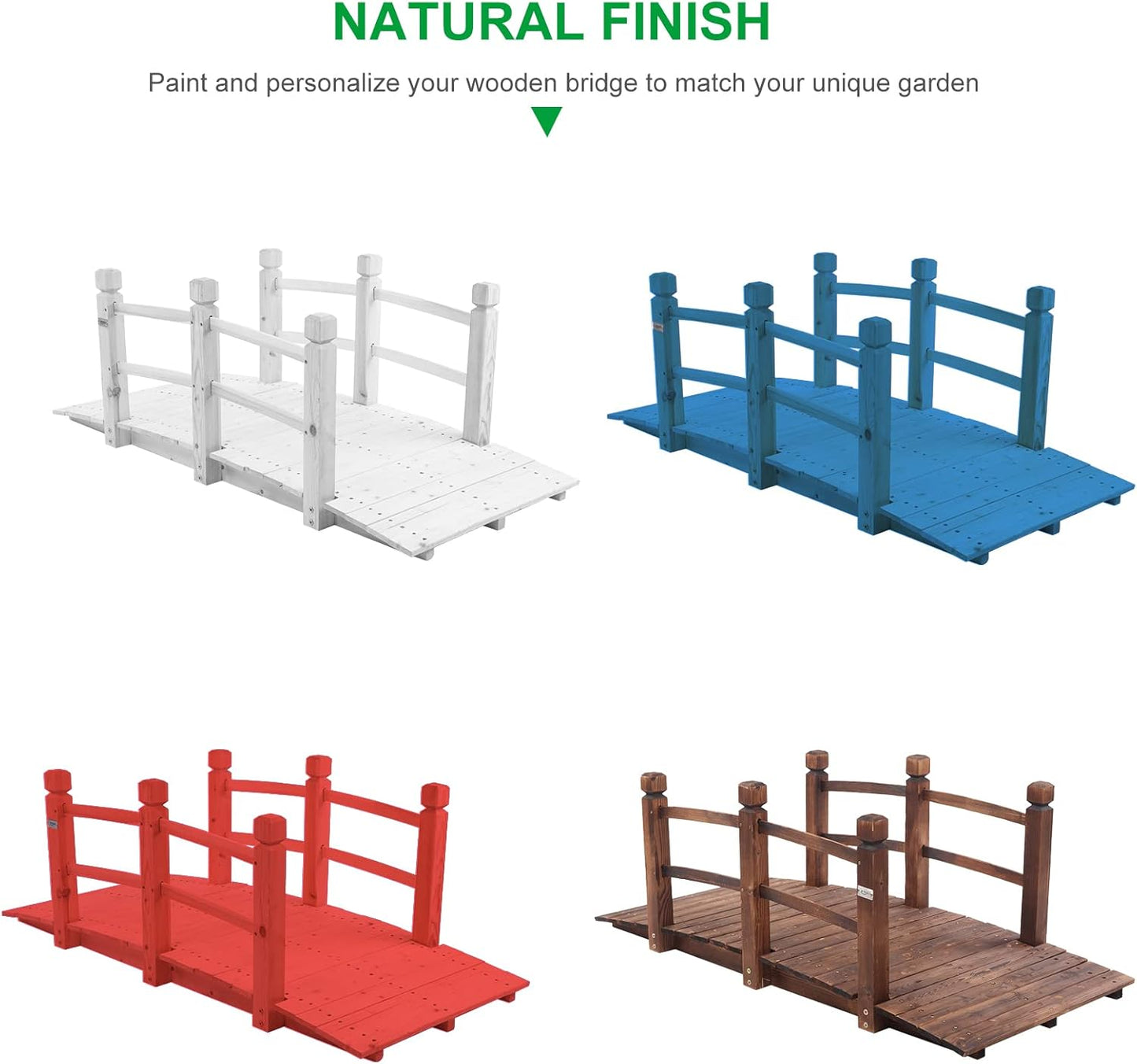 VINGLI 5 ft Garden Bridge, Classic Wooden Arch with Safety Rails Natural Finished Footbridge, Decorative Pond Landscaping, Backyard Creek or Farm-VerdiqueGarden