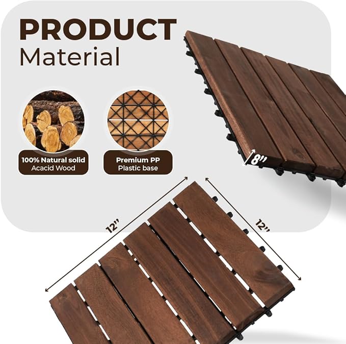 Pack of 10 Deck Tiles - 12"x12" Interlocking Natural Solid Acacia Wood for Outdoor & Indoor, Patio Garden, Balcony, Poolside - Brown Color-VerdiqueGarden