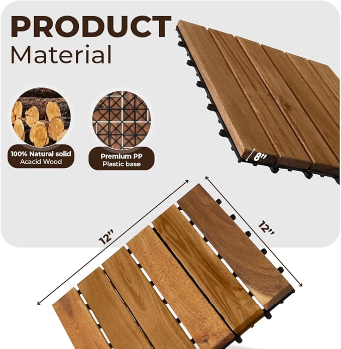 Pack of 10 Deck Tiles - 12"x12" Interlocking Natural Solid Acacia Wood for Outdoor & Indoor, Patio Garden, Balcony, Poolside - Natural6 Color-VerdiqueGarden