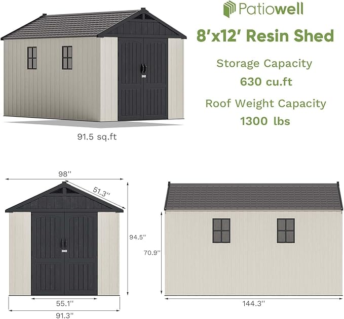 Patiowell 8 x 12 FT Plastic Outdoor Storage Shed with Floor, Resin Shed with Window and Lockable Door for Garden, Backyard, Tool Storage Use, Easy to Install in Beige (Kick-it Shed)-VerdiqueGarden
