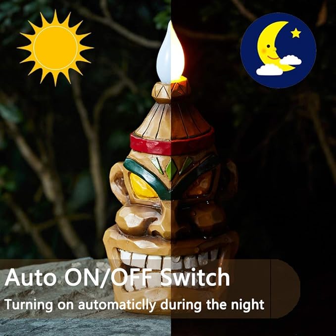 Outdoor Solar Tiki Statue Decor-Tiki Bar Decoration-Torch Tiki Head Statues Outdoor Decorations for Garden,Patio,Yard,Backyard,Lawn,Garden Gift,Garden Tiki Figurine 8.74 Inch Tall-VerdiqueGarden