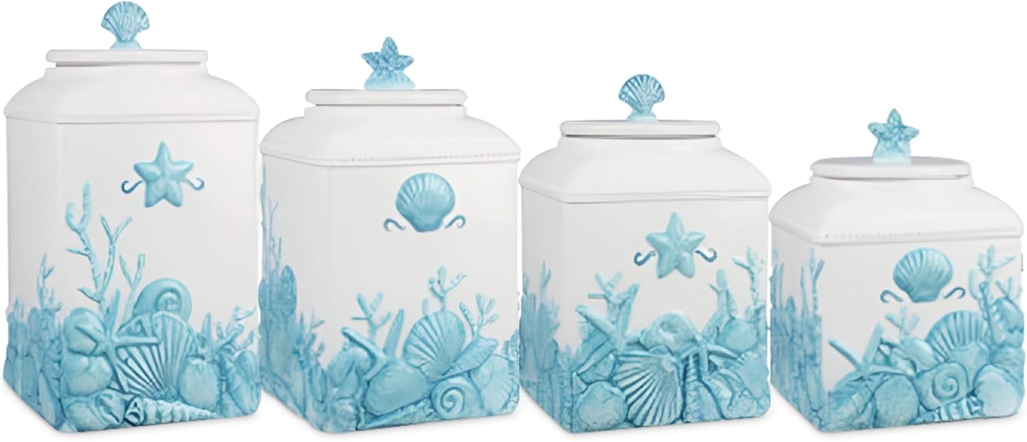 Young's Inc. 4 Pcs Set Blue Lagoon Nautical Ceramic Canisters- Storage Container for Kitchen and Bathroom - Beautiful Home Decor Accent to Store Food, Coffee, Tea, and More - White, Blue-VerdiqueGarden