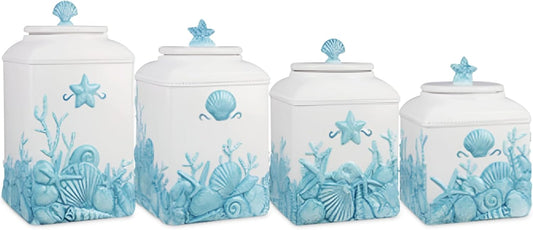 Young's Inc. 4 Pcs Set Blue Lagoon Nautical Ceramic Canisters- Storage Container for Kitchen and Bathroom - Beautiful Home Decor Accent to Store Food, Coffee, Tea, and More - White, Blue-VerdiqueGarden