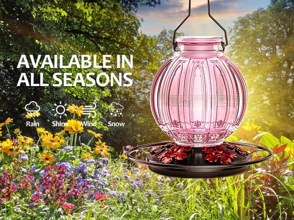Glass Hummingbird Feeder for Outdoors Hanging, Bird Nectar Feeder with Perch & 5 Flower Feeding Ports, 26 Oz Leak Proof for Outside Garden Decor Backyard, Gifts for Women Mom, Pink-VerdiqueGarden
