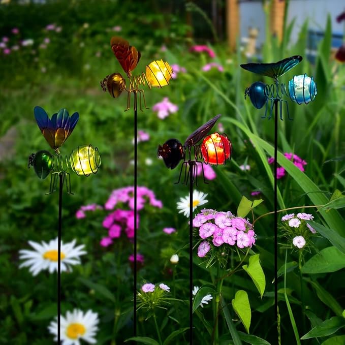 Insects Solar Garden Lights, 22.4" H Butterfly & Bee & Dragonfly & Ladybug Solar Stake Light, 4 Pcs Outdoor Statues Figurine Lights for Spring Garden Lawn Patio Yard Decoration-VerdiqueGarden