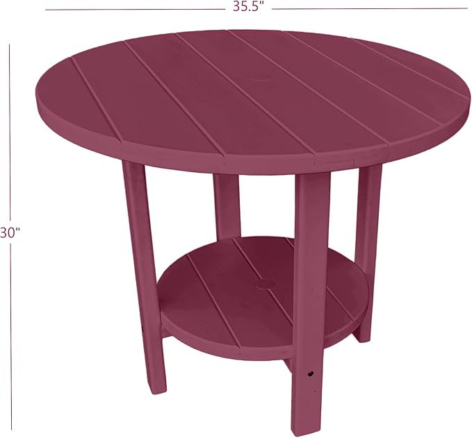 Phat Tommy Round Poly Resin Outdoor Patio Dining Table, All Weather Poly Patio Outdoor Furniture, Dark Red-VerdiqueGarden