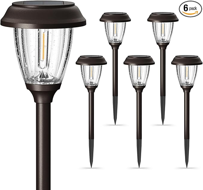 XMCOSY+ Solar Lights Outdoor 10/25 LM LED with 2 Lighting Modes, Solar Garden Lights Glass and Metal, IP65 Waterproof Solar Powered for Yard Pathway Walkway Driveway Patio (6 Pack, Warm White)-VerdiqueGarden