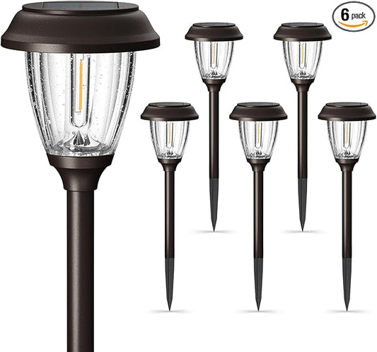 XMCOSY+ Solar Lights Outdoor 10/25 LM LED with 2 Lighting Modes, Solar Garden Lights Glass and Metal, IP65 Waterproof Solar Powered for Yard Pathway Walkway Driveway Patio (6 Pack, Warm White)-VerdiqueGarden