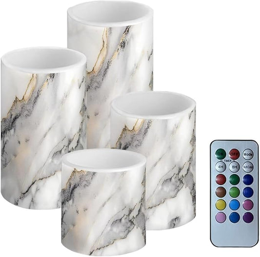 Flameless LED Candles Electric Candles with Remote Timer Control Color Changing Long Lasting Pillar Candles Tealights for Home Indoor Outdoor Decoration Pack of 4, Grey White Marble-VerdiqueGarden