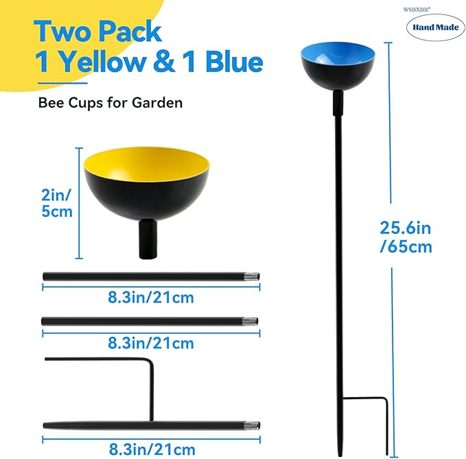 2 Pack Bee Cups For Garden, Bee Waterer And Butterfly Water Stations, Bee Water Catcher Cups For Thirsty Pollinators, Bee Bath, Colorful Metal Garden Sculpture Stakes Decor, Bee Houses For The Garden-VerdiqueGarden