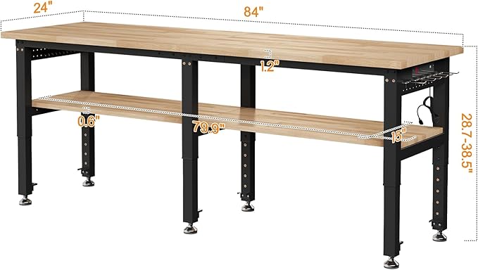 Albott 84" Adjustable 2-Tier Workbench with Solid Wood Top, Max 2000lbs Capacity, Built-in Power Strip with 4 AC Outlets & 2 USB Ports, Pegboard & 20 Hooks, Shop Garage Office-VerdiqueGarden