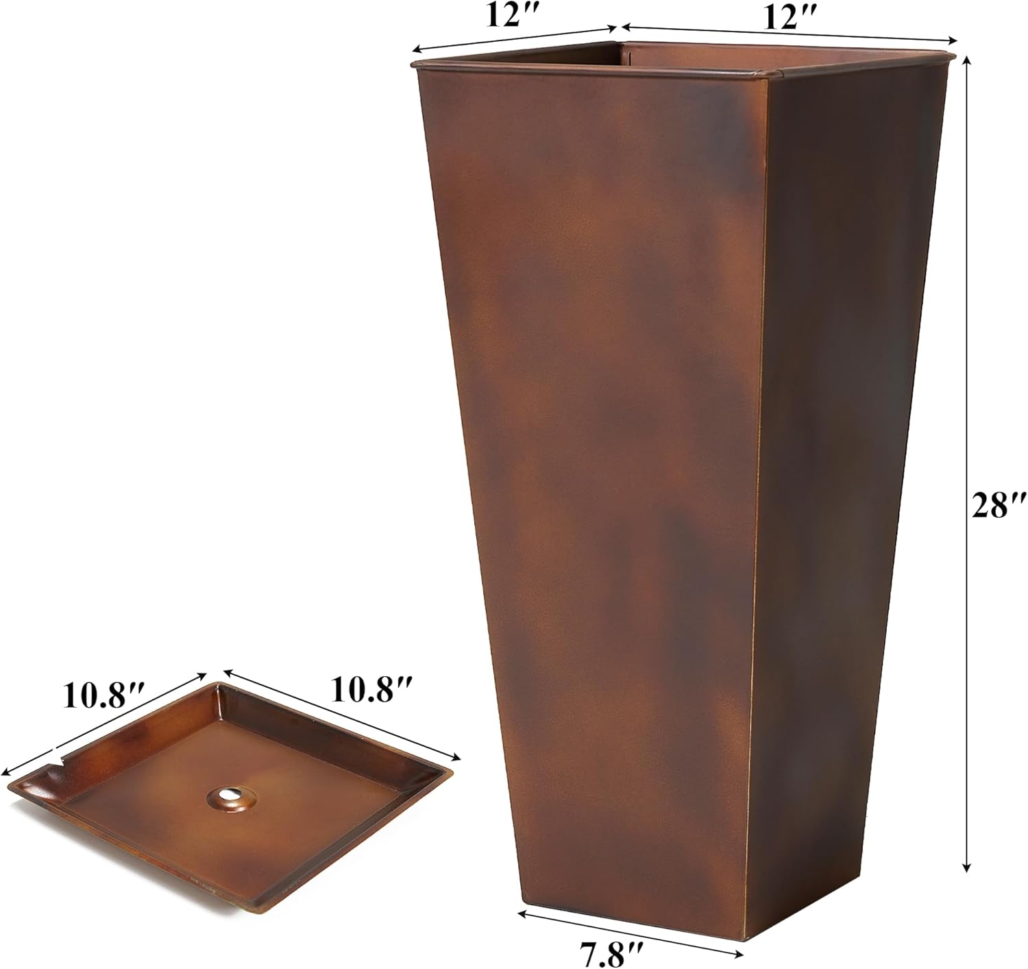 Worth Garden 12" Dia x 28" H Large Metal Planter Set of 2, Matte Bronze Retro Finish Tall Square Tapered Steel Plant Pots, Decor Flower Pots Indoor & Outdoor, Drainage Hole & Dual-Purpose Plant Saucer-VerdiqueGarden