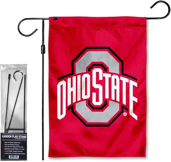 College Flags & Banners Co. Ohio State Buckeyes Red Garden Banner Flag with Flag Pole Stand Set-VerdiqueGarden