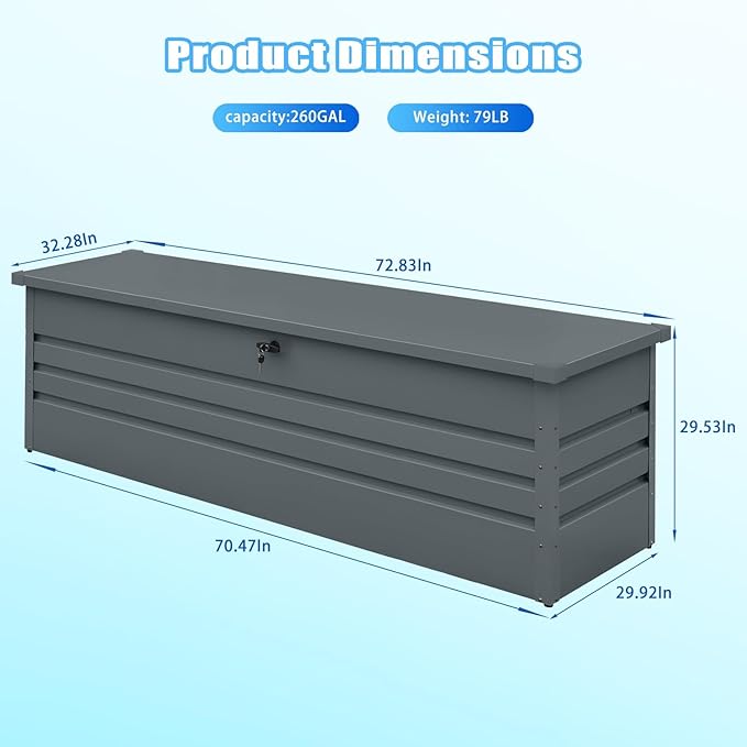 260 Gallon Outdoor Storage Box Waterproof, Extra Large Metal Deck Box and Patio Cushion Box for Storing Gardening Tools, Pool Supplies-VerdiqueGarden