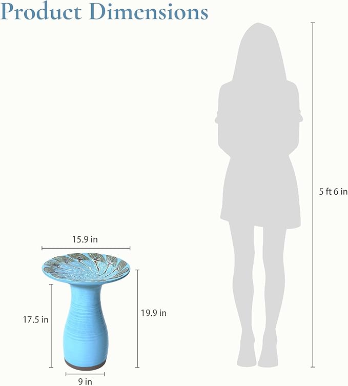 LuxenHome 20 Inch Ceramic Bird Bath for Outside, Elegant Tall Outdoor Bird Bath, Lightweight Pedestal Glazed Birdbaths for Outdoors with Leaf Pattern, Sky Blue-VerdiqueGarden