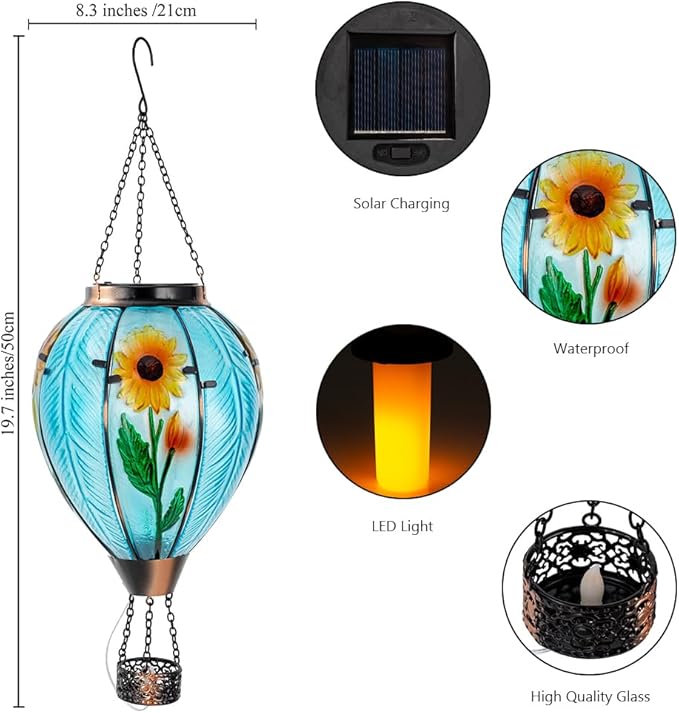 Starsoul Large Solar Hot Air Balloon Lantern with Flame Sunflower Glass Hanging Outdoor Hot Air Balloon Solar Light Waterproof Garden Patio Yard Party Decorations-VerdiqueGarden
