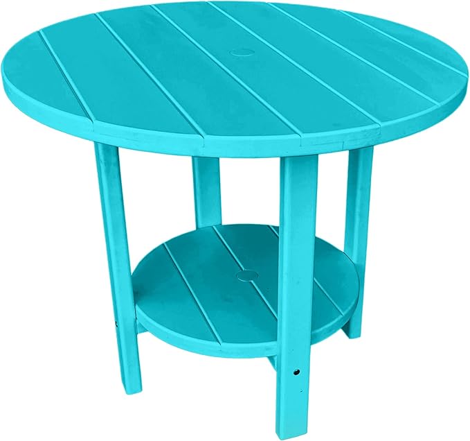 Phat Tommy Round Poly Resin Outdoor Patio Dining Table, All Weather Poly Patio Outdoor Furniture, Teal-VerdiqueGarden