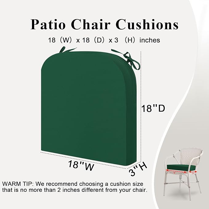 Outdoor Chair Cushions Set of 2, Waterproof Foam Patio Seat Cushions with Ties for Garden Sofa & Dining Furniture, 3-Year Color Fastness, 18x18x3 Inch, Green-VerdiqueGarden