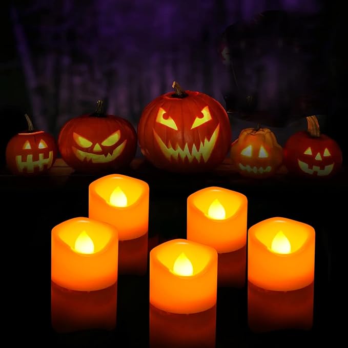 CANDLE CHOICE Battery Operated Flameless Tea Lights Orange Flickering LED Electric Fake Votive Tealight Candles Halloween Pumpkin Thanksgiving Christmas Decorations Centerpieces 24 Pack Batteries Incl-VerdiqueGarden