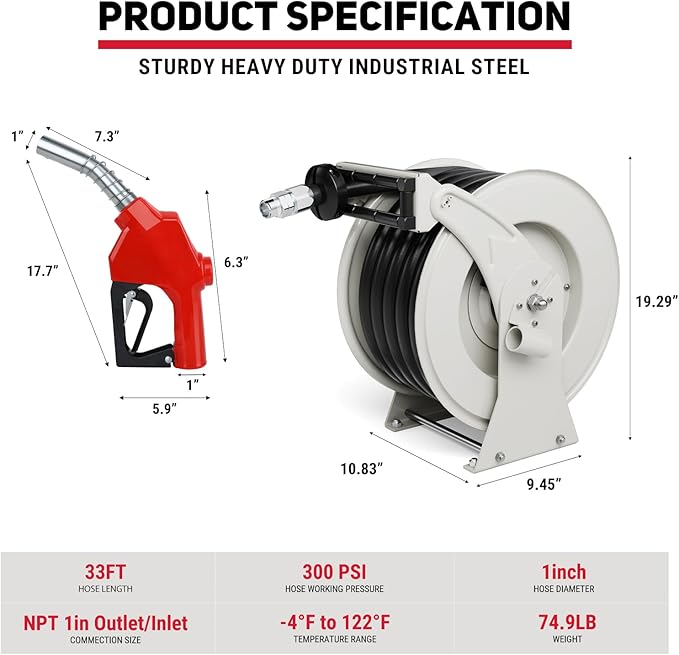 Fuel Hose Reel, 1" x 33' Diesel Fuel Reel with Refueling Nozzle, 300 PSI Heavy-duty Steel Construction Used for Aircraft Ship Vehicle Tanker Truck-VerdiqueGarden
