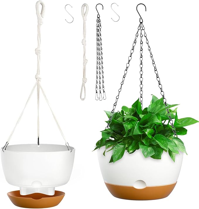 10 Inch Hanging Planters for Indoor & Outdoor Plants (2 Pack) - Self-Watering & Drainage Flower Pots with 2 Kinds of Plant Hangers for Home Decor & Garden (White, 10 in)-VerdiqueGarden