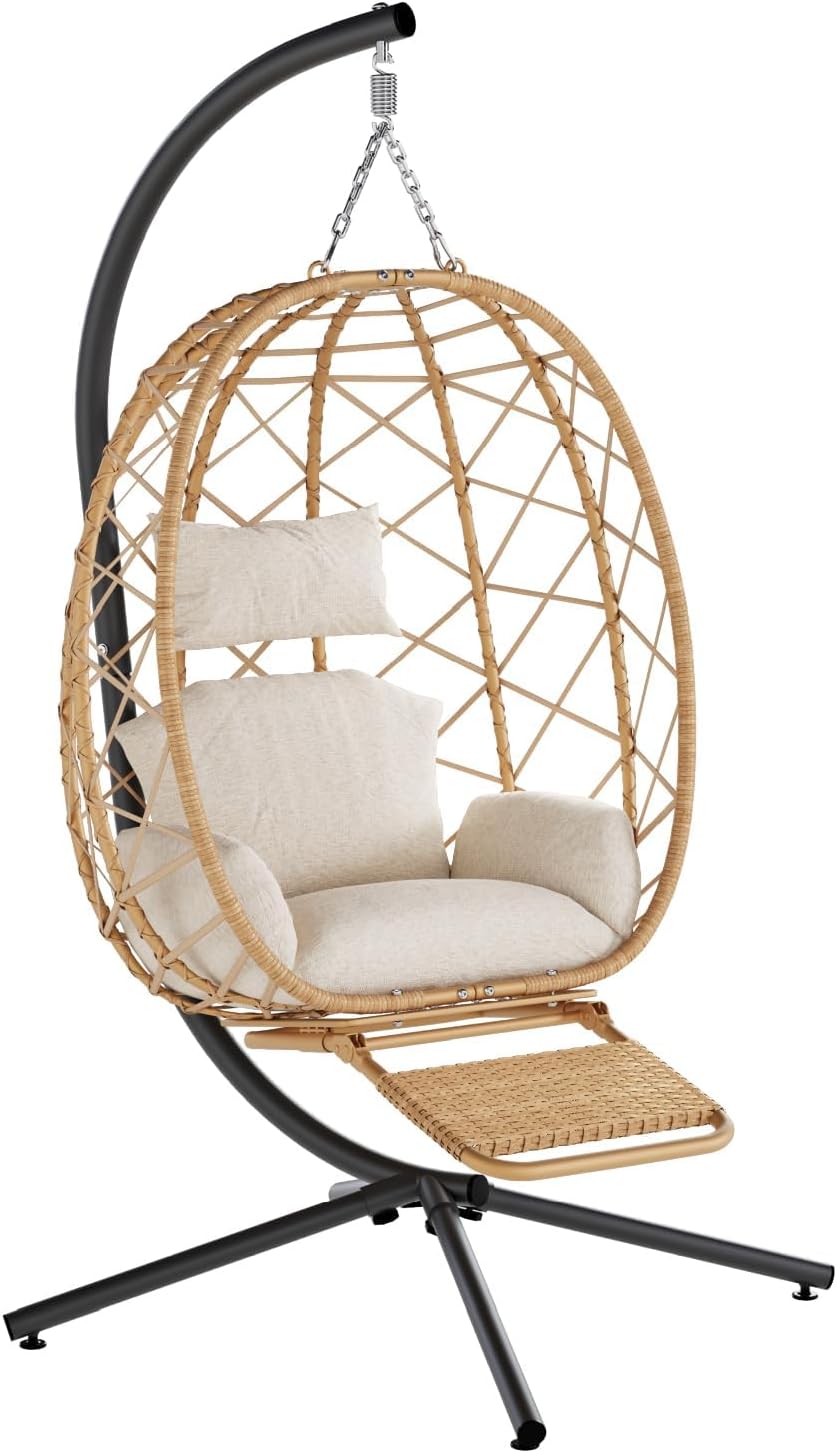 SWITTE Hanging Egg Chair with Stand, Outdoor Swing Egg Chair with Footrest, Patio Hammock Chair with Cushion for Garden Backyard-Cream-VerdiqueGarden