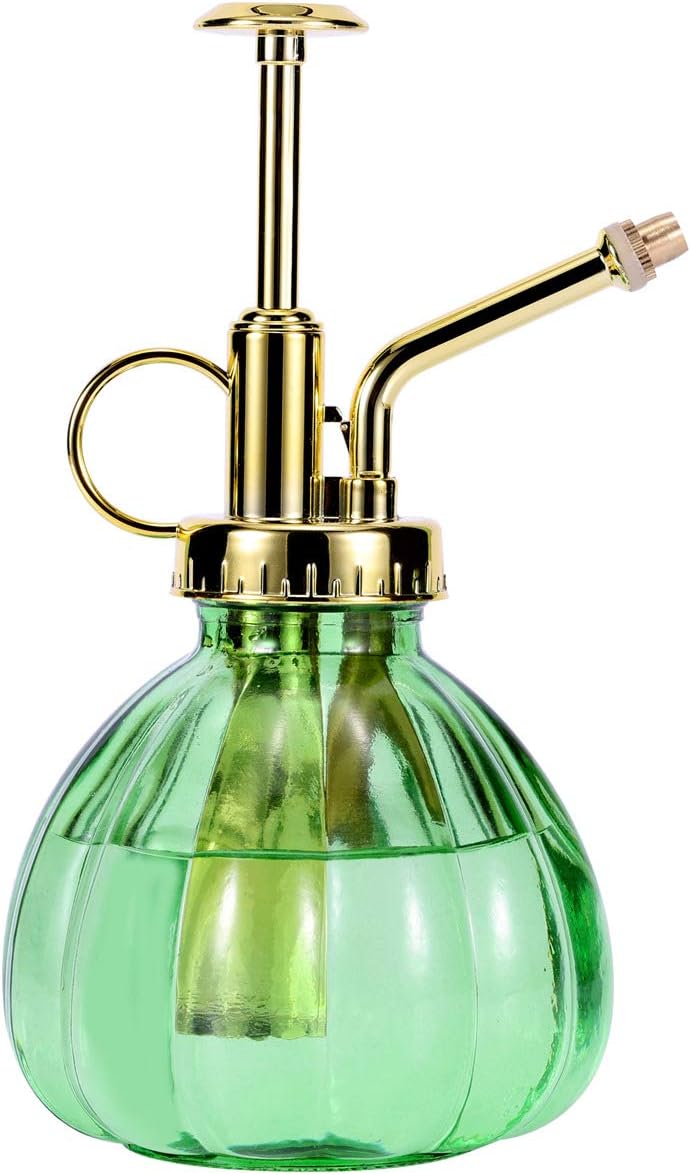 Glass Plant Mister Spray Bottle, 6.5" Green Glass Water Spray Bottle with Gold Top Pump Small Watering Can, Small Plant Sprayer Mister for Indoor Outdoor House, Green+Gold (Green+Gold C)-VerdiqueGarden