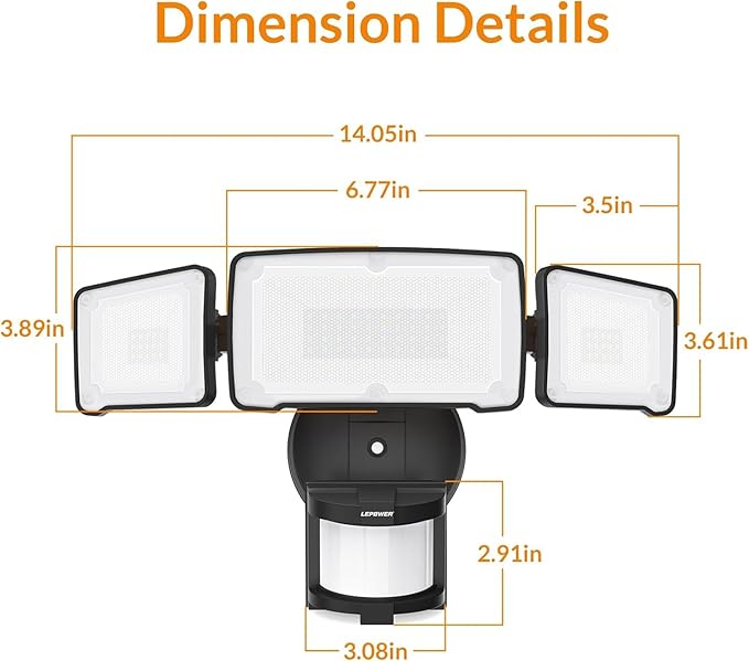 LEPOWER LED Motion Sensor Security Lights, 3 Head Motion Detected, 38W, 4200LM, Waterproof IP65, 5500K, Full Metal for Outdoor, Garage, Porch, Yard (Not Solar Powered, Black)-VerdiqueGarden