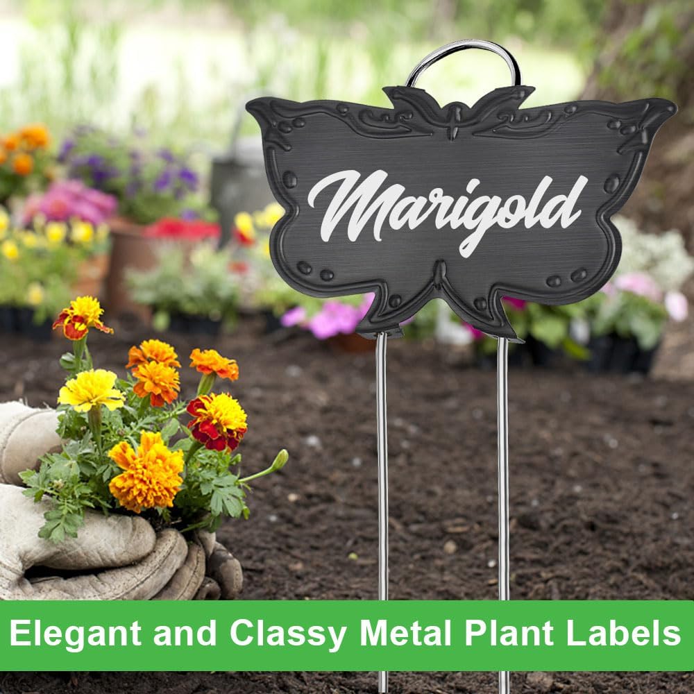 Metal Plant Labels, Tall Outdoor Butterfly Garden Markers for Flowers, Fruits and Vegetables, 304 Stainless Steel Weatherproof Signs (25 Packs, 4" x 2.3", Black Butterfly Design)-VerdiqueGarden