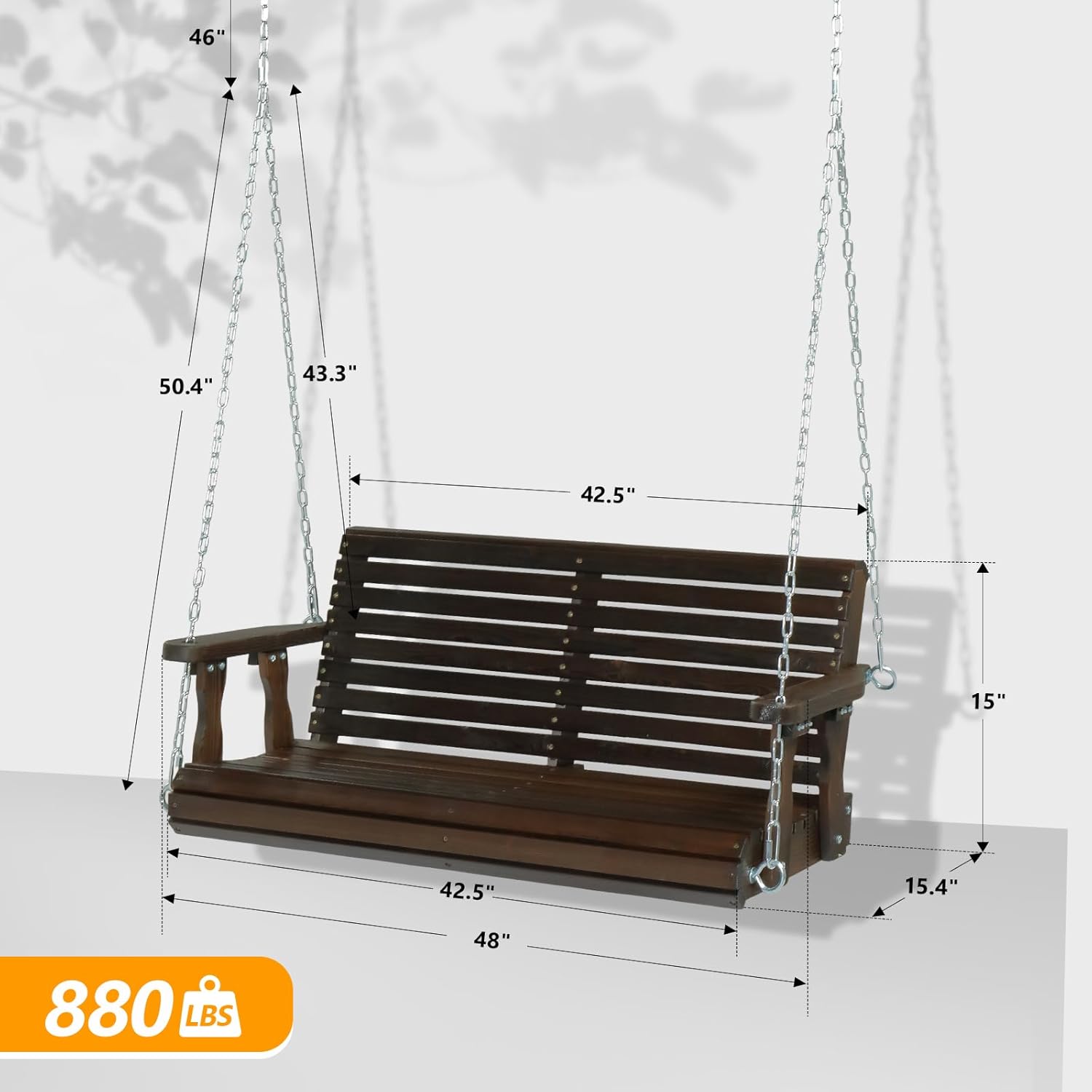 VINGLI Upgraded Patio Wooden Porch Swing for Courtyard & Garden, Heavy Duty 880 LBS Swing Chair Bench with Hanging Chains for Outdoors (Rustic, 4 FT)-VerdiqueGarden