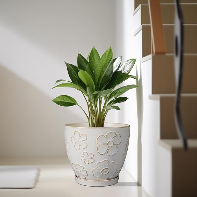 10 Inch Ceramic Planter Pot Large Plant Pot for Indoor Plants Outdoor Round Flower Pot with Drainage Hole and Saucer for Home Garden Decor White-VerdiqueGarden