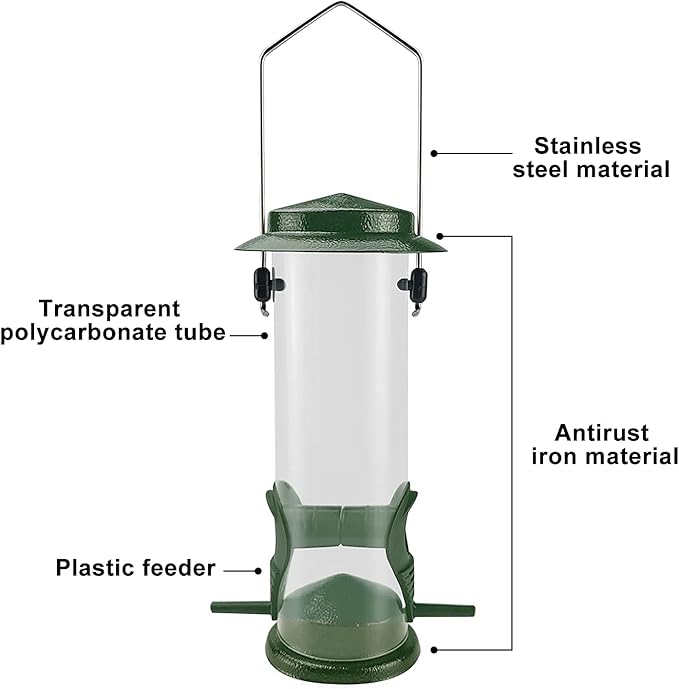 MIXXIDEA Wild Bird Feeders For Outdoors Hanging Stainless Steel Hanging Bird Feeder Tube, Finch Feeder For Garden Backyard Decoration Attractive Water Resistant Bird Feeders For Outside Green - 2 Pack-VerdiqueGarden