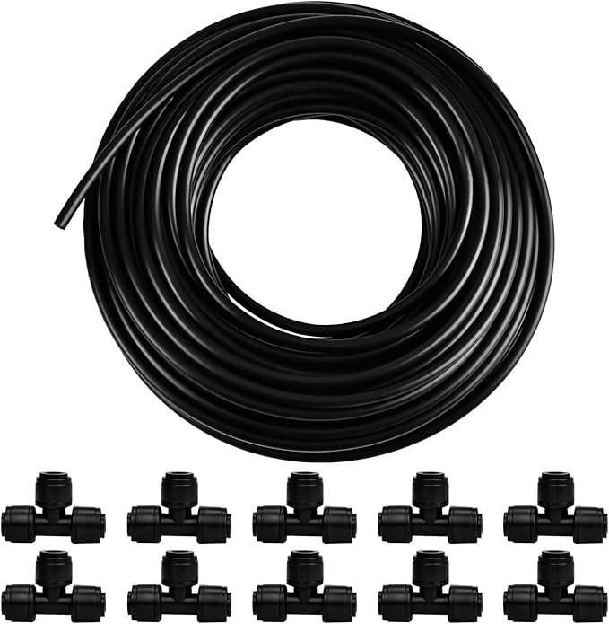 100FT PE Drip Irrigation Tubing, 1/4 inch Blank Distribution Tubing with 10PCS 1/4" Drip Irrigation Tee Connectors for Quick Connector Irrigation System-VerdiqueGarden