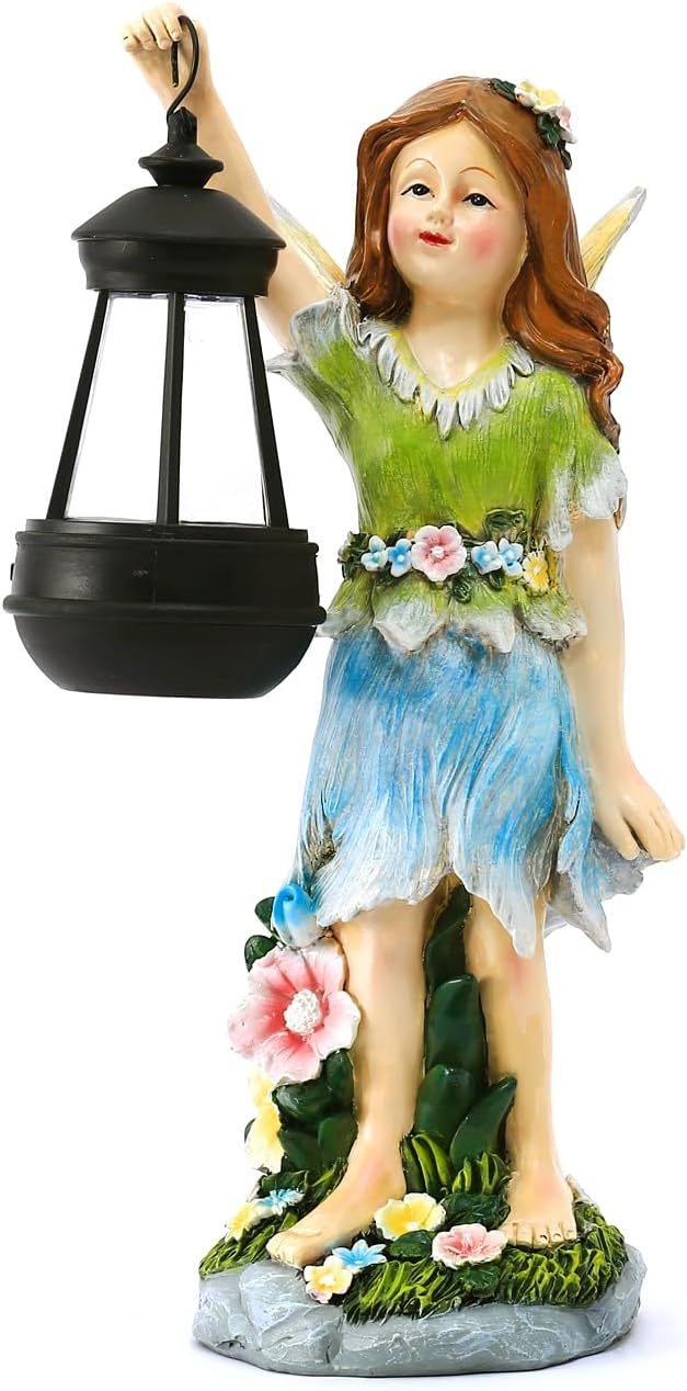 Fairy Garden Statue Solar Garden Fairy with Lantern Light Outdoor Garden Decoration Waterproof Solar Garden Sculpture for Patio Yard Lawn Gift for Mom Grandma-VerdiqueGarden