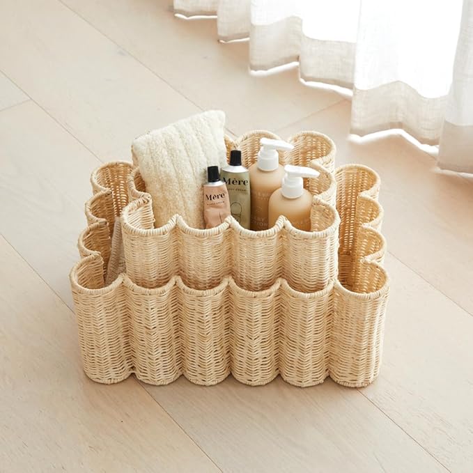 BEBE BASK Unique Wavy Scalloped Basket Set Of 2 - Scallop Basket - 16 x 10 x 7 In - Hand-Woven Elegant Wicker With Scalloped Edge Lid - Nursery Storage - (Earthy)-VerdiqueGarden