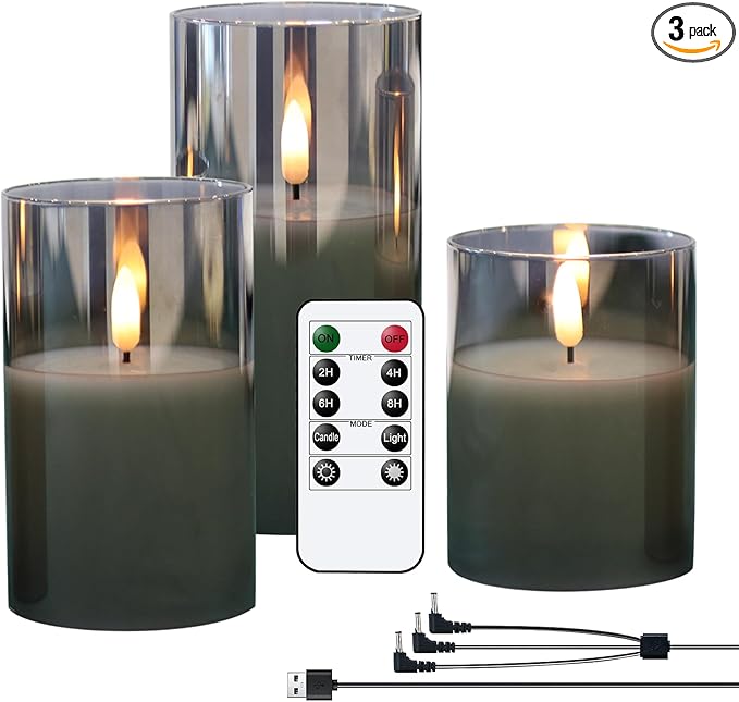 Glass Rechargeable Flameless Candles with Remote Timer, Realistic 3D Wick LED Battery Operated Candles with Flickering Flame,Home Decoration for Wedding Birthday Festival(Grey)-VerdiqueGarden