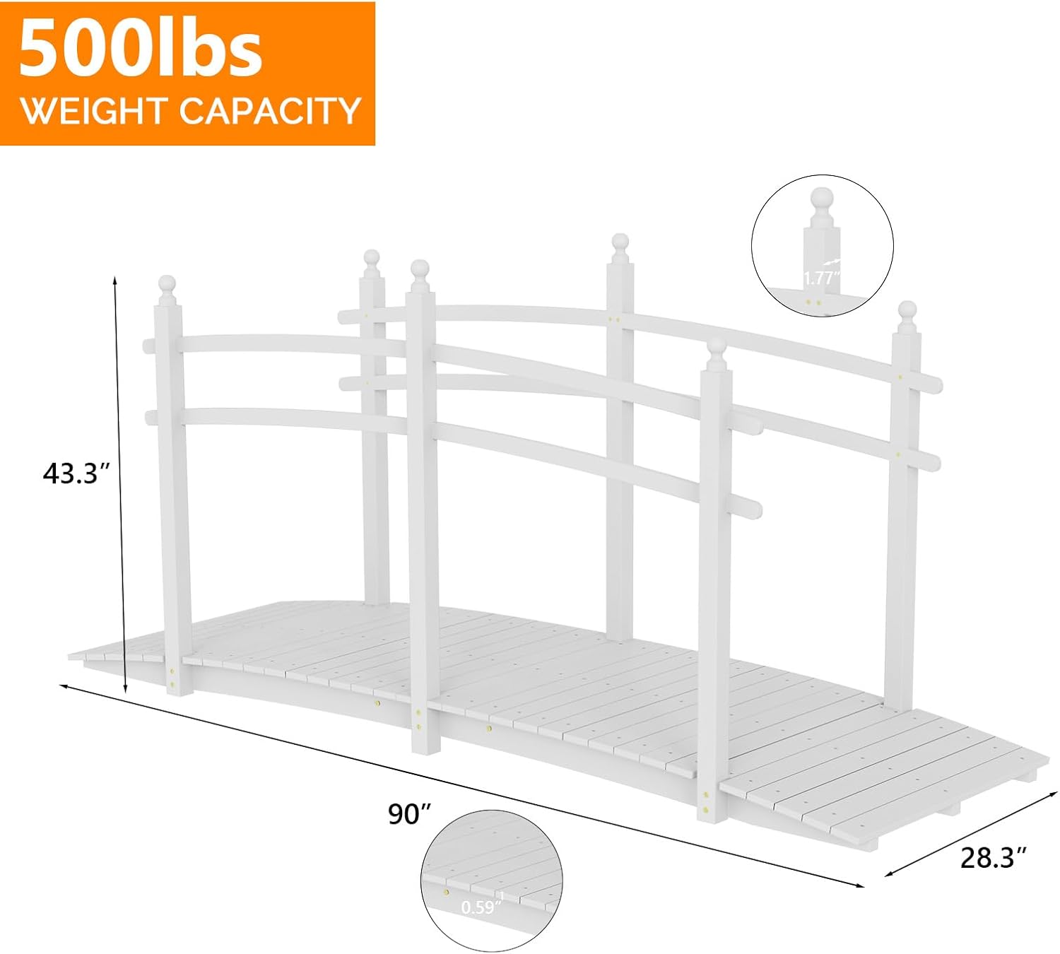 VINGLI Garden Bridge, Classic Wooden Arch with Safety Rails Footbridge (White, 7.5 ft)-VerdiqueGarden