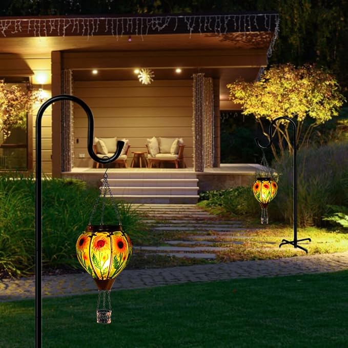 Starsoul 2 PC Sunflowers Hot Air Balloon Solar Lantern with Flame Glass Hanging Outdoor Hot Air Balloon Solar Light Waterproof Garden Patio Yard Party Decorations-VerdiqueGarden