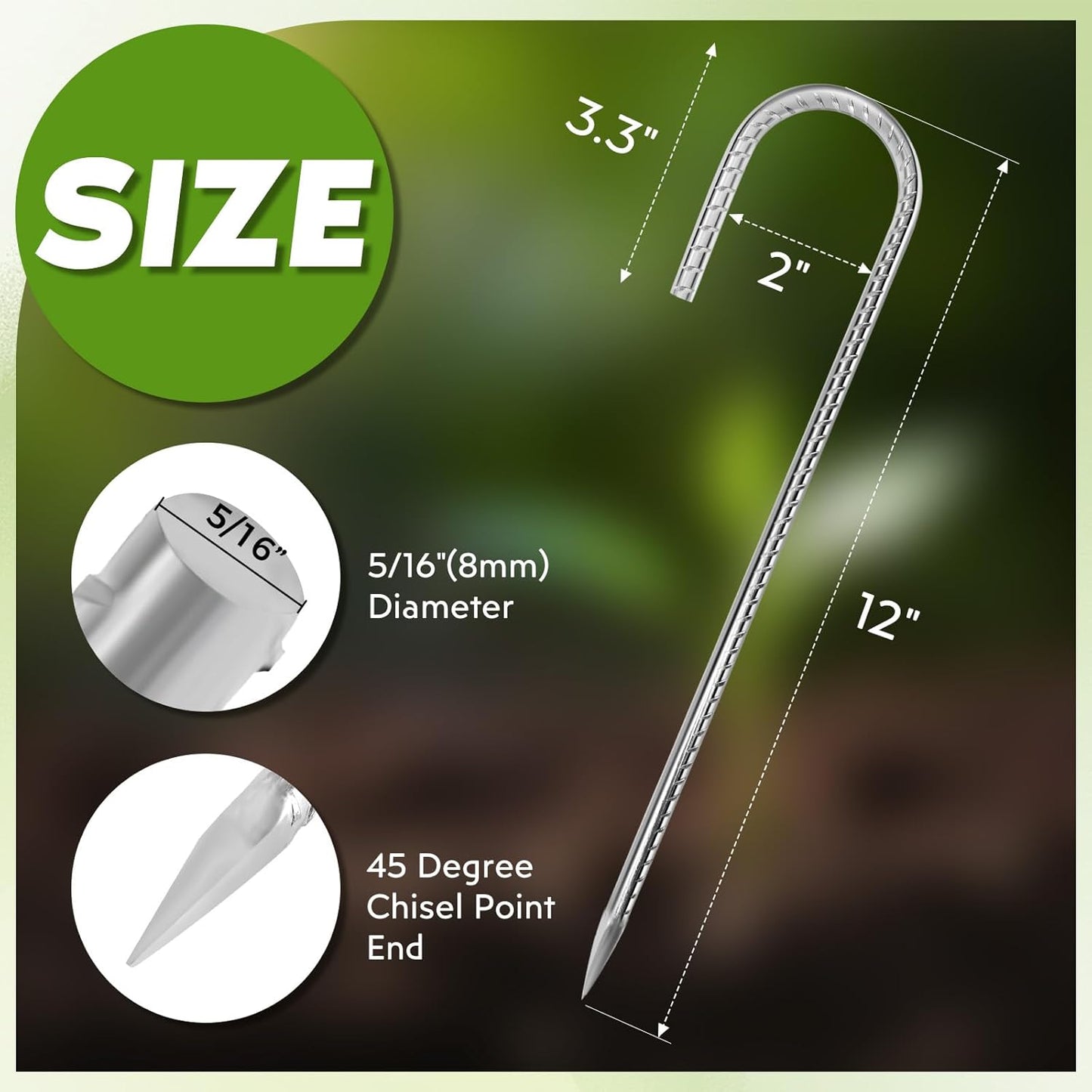 12 inches Tent Stakes Heavy Duty 34-Pack, 5/16" Diameter J Hook Fence Stakes Rebar Ground Stake for Inflatables, Tarp, Yard Lawn Outdoor Decoration-VerdiqueGarden