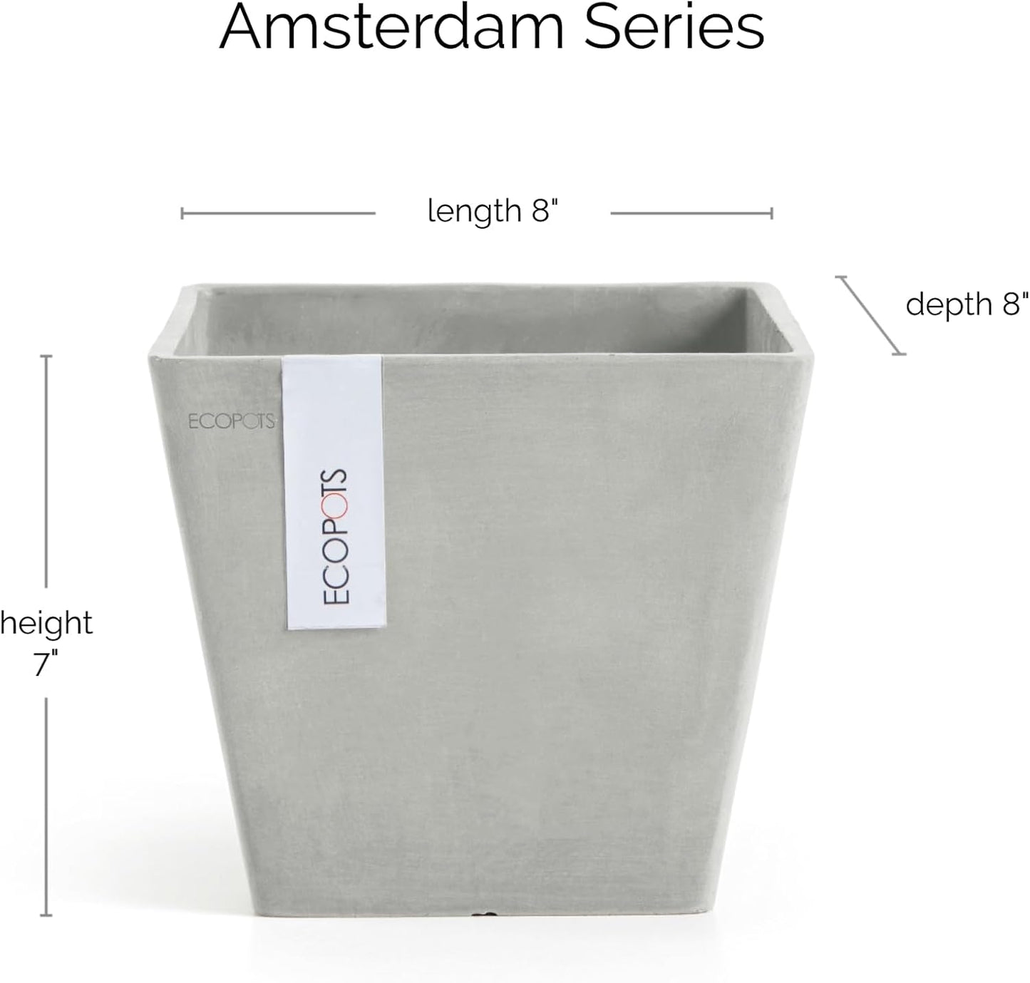Ecopots Rotterdam Durable Modern Square Indoor/Outdoor Recycled-Based Composite Flower Planter, White Grey, 8"-VerdiqueGarden