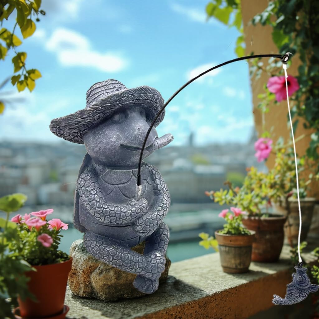Tortoise Fishing Statue Garden Decor，9.8" Weatherproof Resin Tortoise Fishing Sculpture Decor for Fish Ponds, Koi Ponds, Waterfalls, Poolside Outdoor Gardens Resin Figurine for Indoor Outdoor Décor-VerdiqueGarden