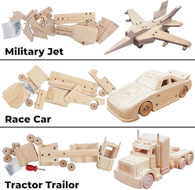 Kraftic Woodworking Building Kit for Kids and Adults, 3 Educational DIY Carpentry Construction Wood Model Kit Toy Projects for Boys and Girls - Build a Wooden Military Jet Race Car and Tractor Trailer-VerdiqueGarden