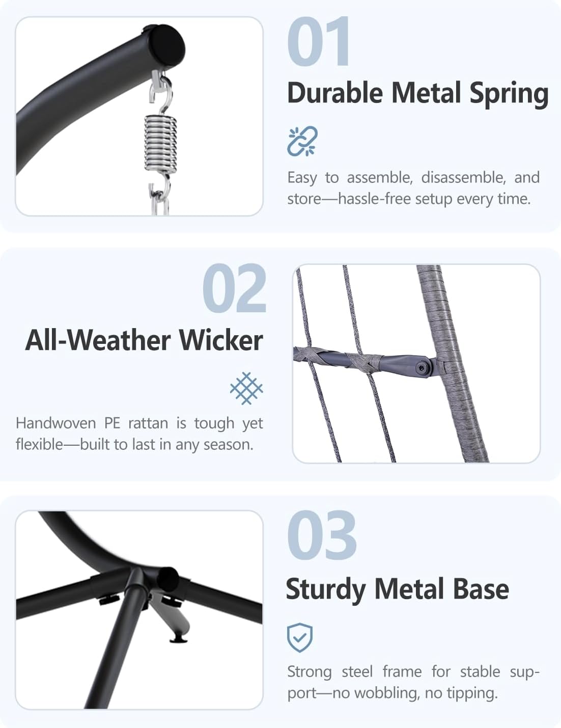 SWITTE Egg Chair Outdoor with Stand, Indoor Wicker Hanging Egg Swing Chair with Cushion, 350lbs Capacity for Patio, Bedroom, Garden - Dark Grey-VerdiqueGarden