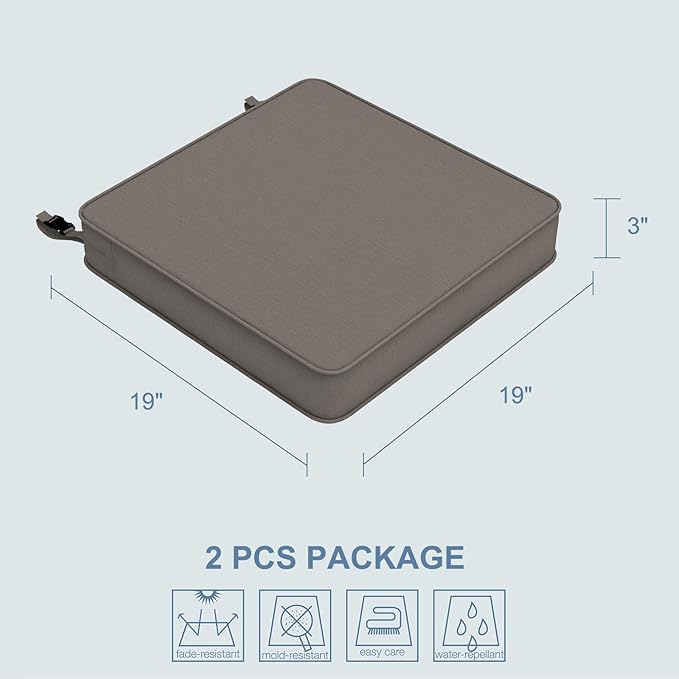 LVTXIII Patio Chair Cushions 19"x19"x3", Water-Repellent Outdoor Seat Cushions for Patio Furniture, Square Chair Pads with Ties for Home Garden Decoration, Set of 2, Dark Grey-VerdiqueGarden